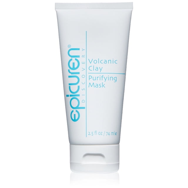 epicuren discovery mascarilla purificadora de arcilla volcánica 2.5 onzas líquidas marrón claro tubo frontal blanco con logotipo Epicuren Discovery y texto azul, vista centrada con tapón de rosca y leyenda 2.5 fl oz / 74 ml; mascarilla purificante facial indicada para limpieza profunda, a menudo usada antes de tratamientos estéticos.