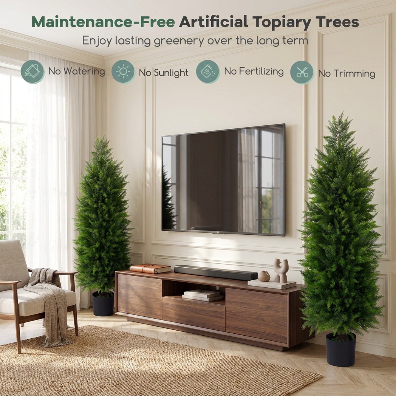 Vebreda Artificial Plant Decor, 4 FT Artificial Topiary Tree Set of 2 Faux Cedar Cypress Plants in Cement-Filled Pots, Lifelike Greenery Display