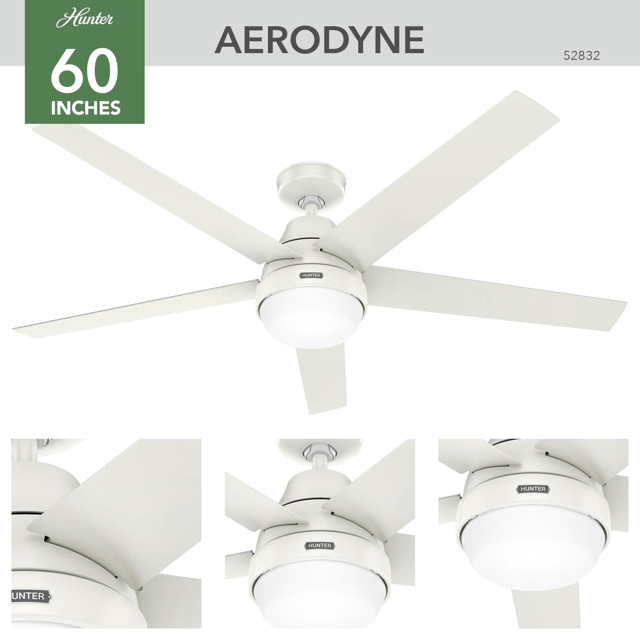 Hunter - Aerodyne Indoor Ceiling Fan With Light, Remote, 60-inch, Fresh White, Casual-style, 6-speed DC Motor, Energy Star, WiFi Smarthome, 52832, for living rooms, bedrooms, home offices, kitchens