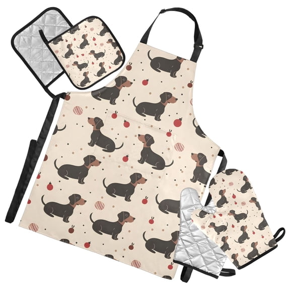Dachshund Dogs with Christmas Decorations 5 Pcs Kitchen Set Heat Resistant Oven Mitts and Non-Slip Pot Holders with Adjustable Cooking Apron