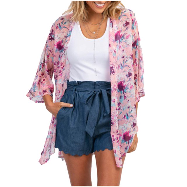 Pompotops Women Print Chiffon Beach Cardigan Blouse Shawl Loose Tops Outwear