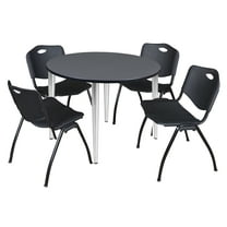 Kahlo 48" Round Breakroom Table- Grey Top- Chrome Base & 4 Stack Chairs- Black
