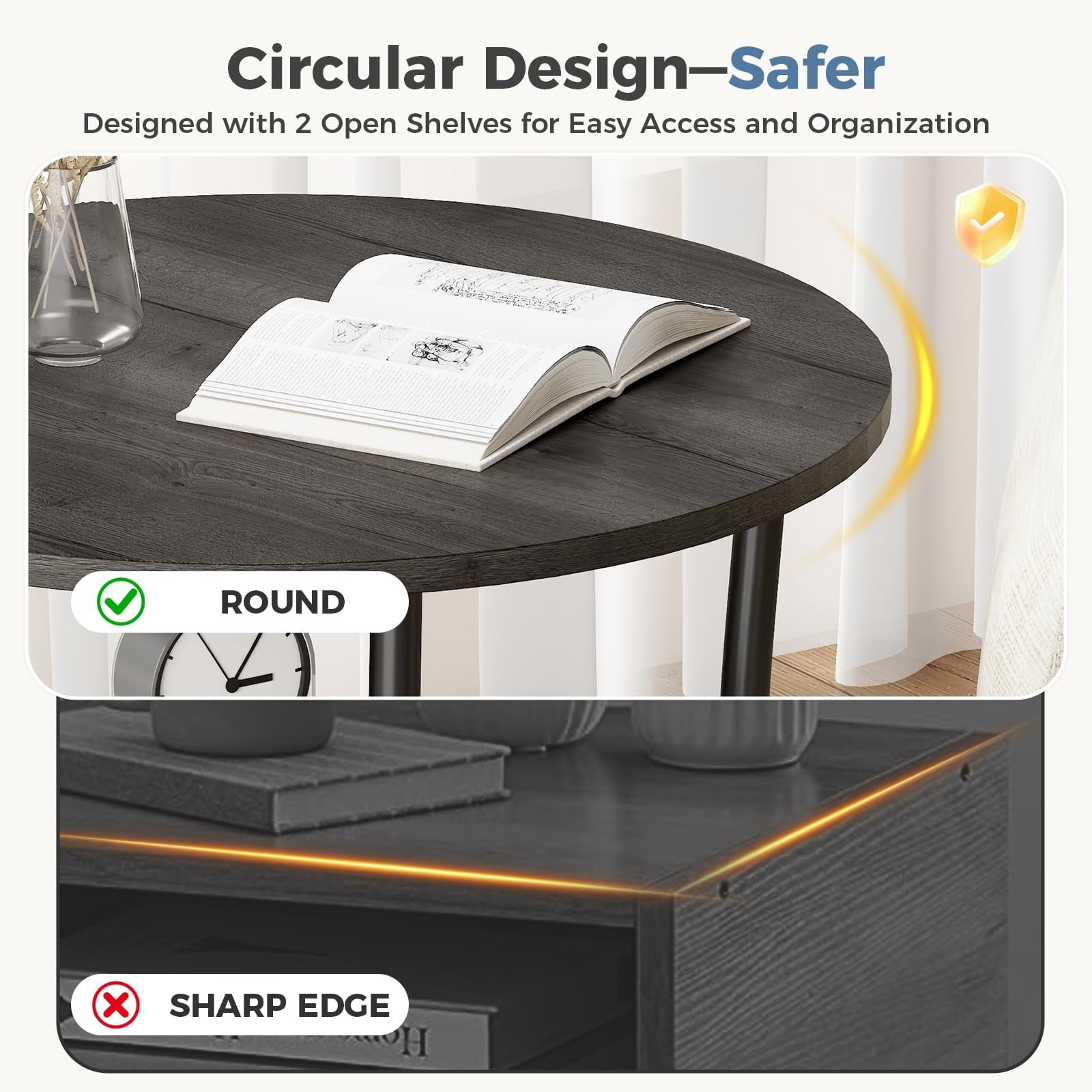 Telyra 2-Tier Round Side Table 21.8" End Table with Antiqued Wood Grain Top and Steel Base, Gray