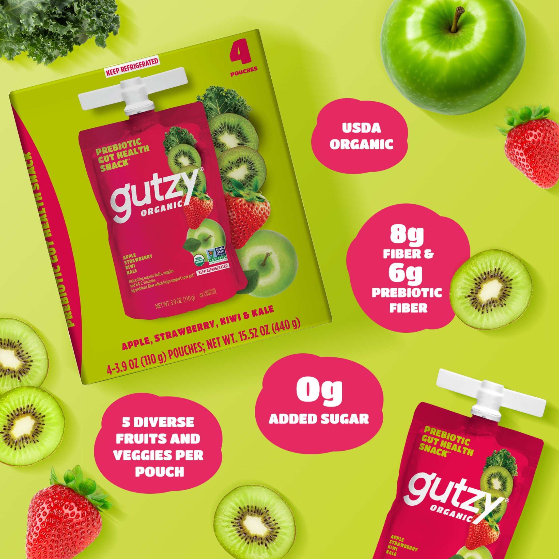 Gutzy Organic Strawberry Kiwi Kale Fruit and Veggie Pouch Snack – 4 Pack, Smooth & Family-Friendly