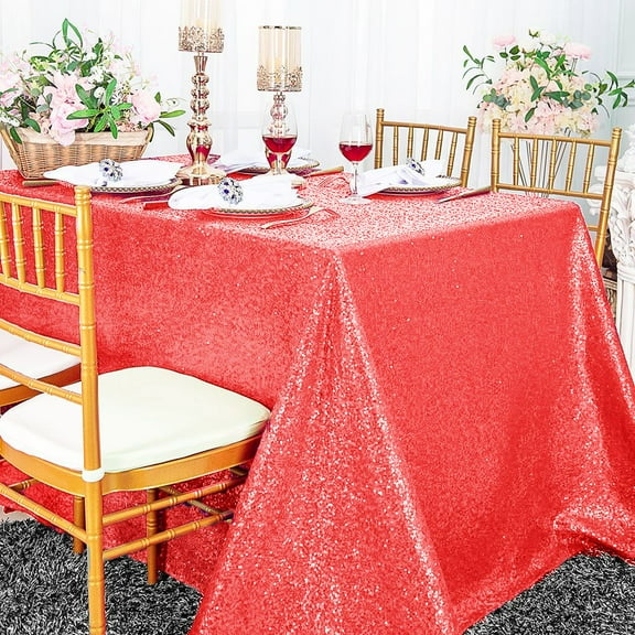 Wedding Linens Inc. 90" x 132" Retangular Sequin Taffeta Tablecloth - Coral