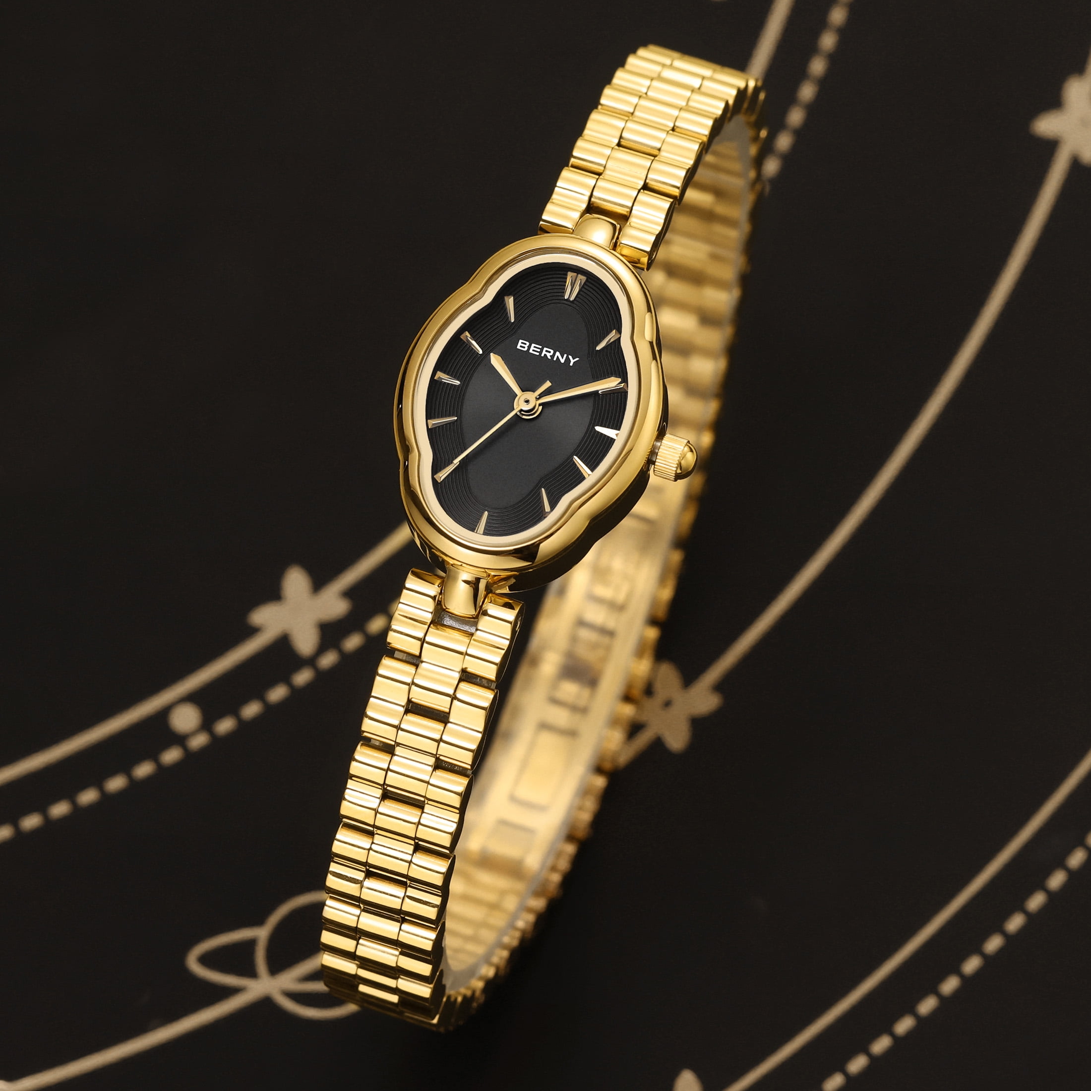 BERNY Small Gold Watches for Women Dainty Vintage Ladies Analog Quartz Bracelet Watch, Adjustment Tool Included Stainless Steel Waterproof, Fashion Luxury Womens Wrist Watches Gifts (Black)