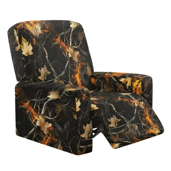 Psesaysky Hunting Camo Flame Chair Cover for Recliner 4-Pieces Stretch Slipcover Set Washable Reclining with Storage Pockets Furniture Protector for Hunting and Fishing