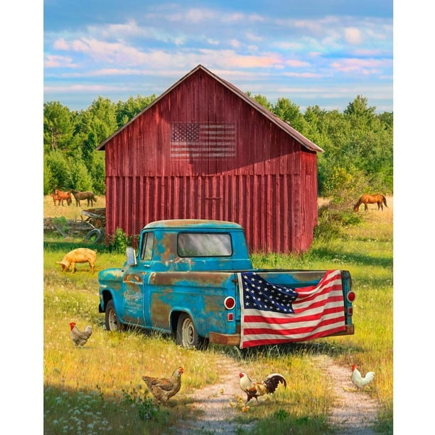 pics Barn And Red Truck Fabric Panel digitally printed summer truck fabric panel blue