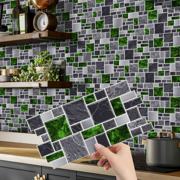 12Piece Self Adhesive DIY Green Gray Tiles Stickers 9.68 x 4.72inch Mosaic Marble Wall Decals Peel and Stick Waterproof Backsplash Wallpaper