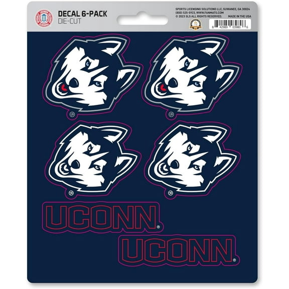 University of Connecticut Huskies 6-Piece Decal Sticker Set, 5x6 Inch Sheet, Gift for football fans for any hard surfaces around home, automotive, personal items