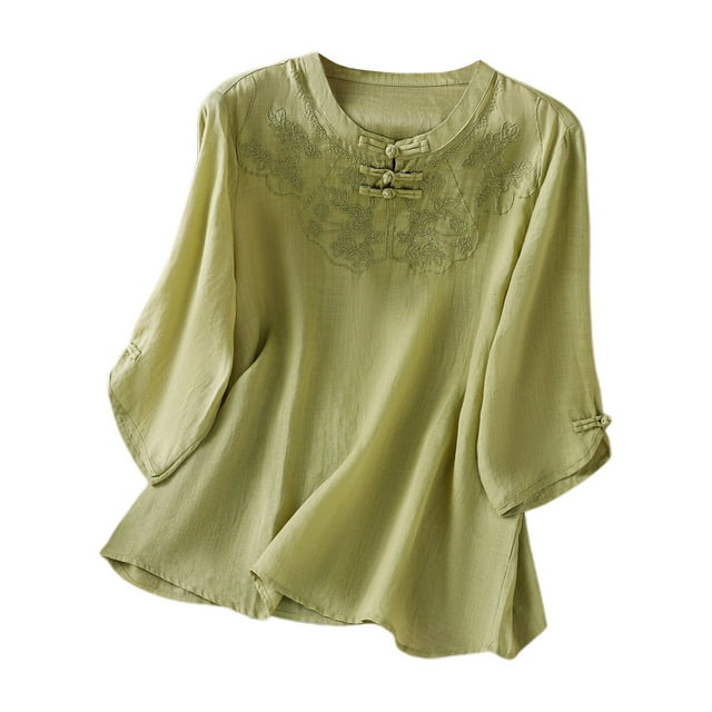 Camiseta bordada elegante para mujer: blusa clásica informal de cuello redondo