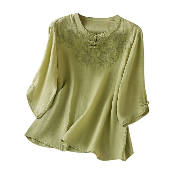 Camiseta bordada elegante para mujer: blusa clásica informal de cuello redondo