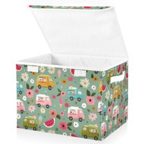 Yayeee Collapsible Cube Storage Bin with Lid Fabric Closet Decorative Basket with Handles, Green Cartoon Trucks Pattern