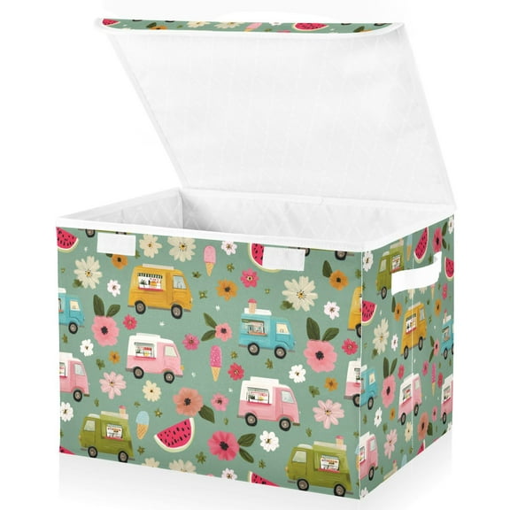 Yayeee Collapsible Cube Storage Bin with Lid Fabric Closet Decorative Basket with Handles, Green Cartoon Trucks Pattern