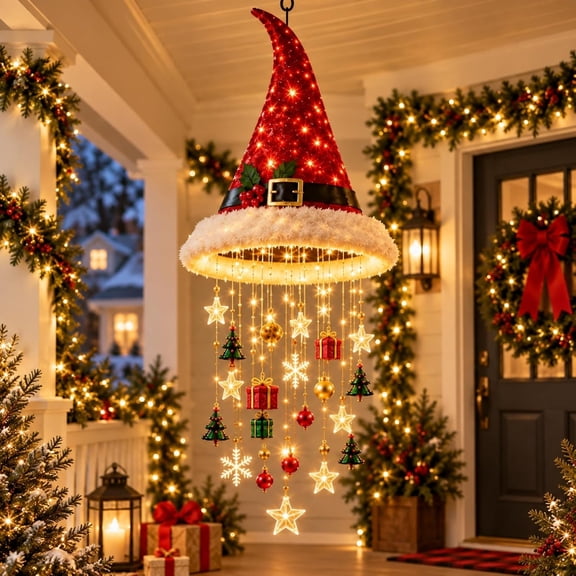 Lighted Santa Hat Hanging Chandelier, LED Christmas Hanging Decor,Warm LED glow with plush Santa hat design for porch, mantel, windows and holiday parties indoors or outdoors.