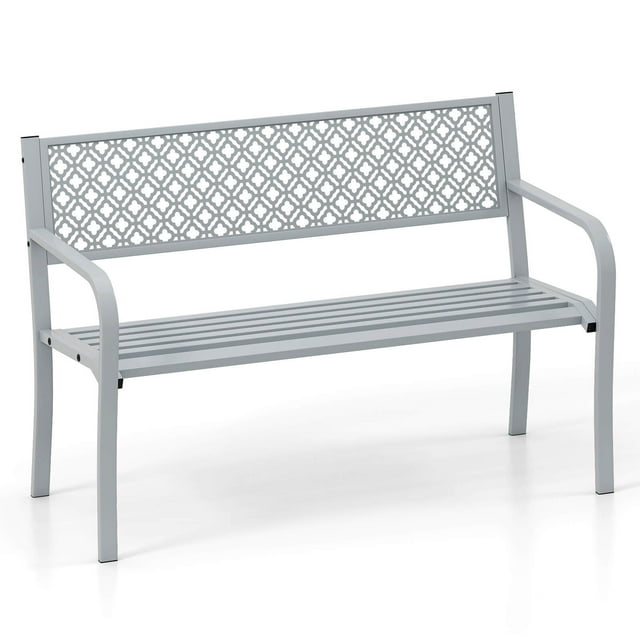 Costway 50" Outdoor Garden Bench with Geometric Lattice Backrest Armrests and Slatted Seat Gray