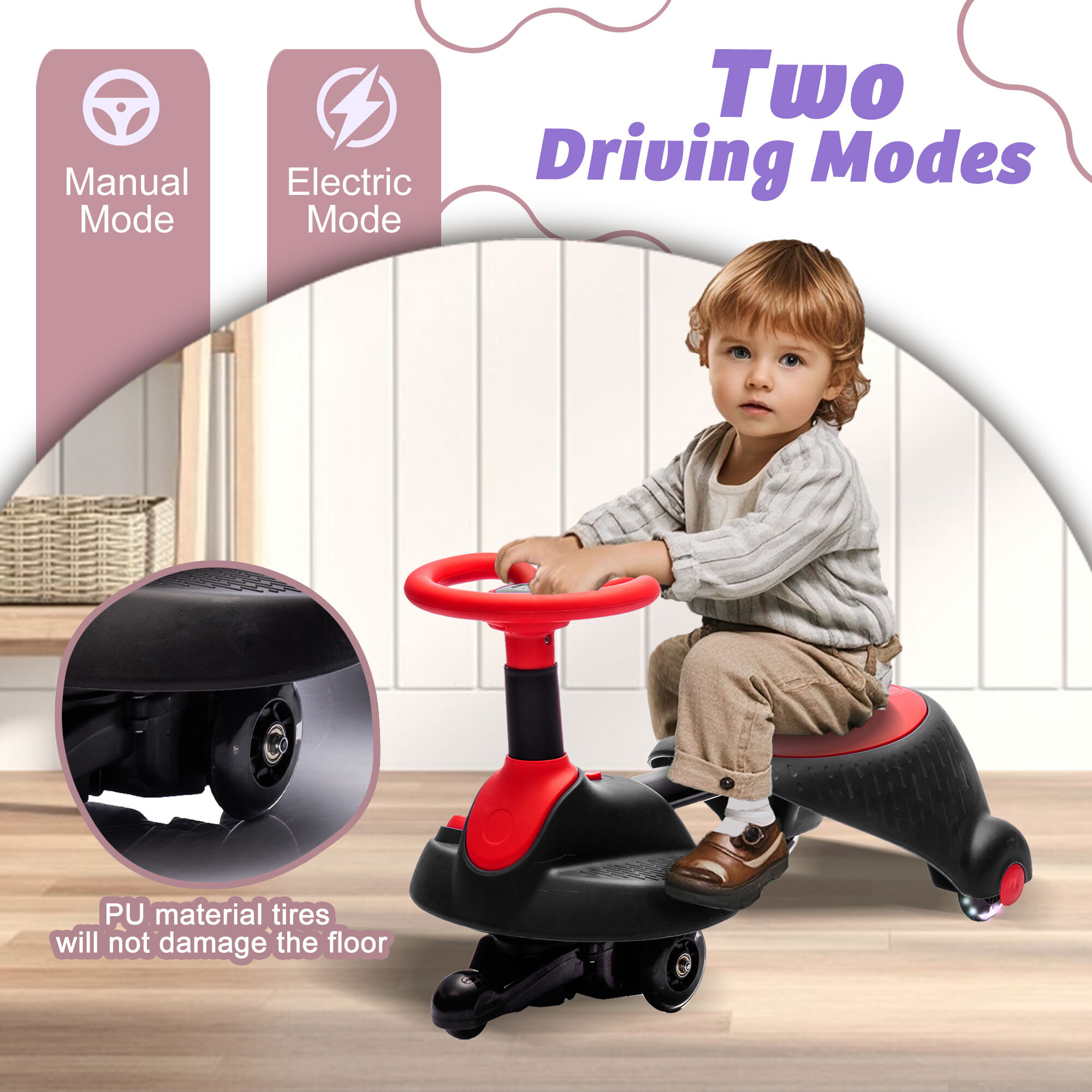 6V Kids Ride On Wiggle Car, Ride on Toys with Flashing & Shock Absorbing PU Wheels, Provide a Speed of 3.11MPH for Kids Aged 3+, Red