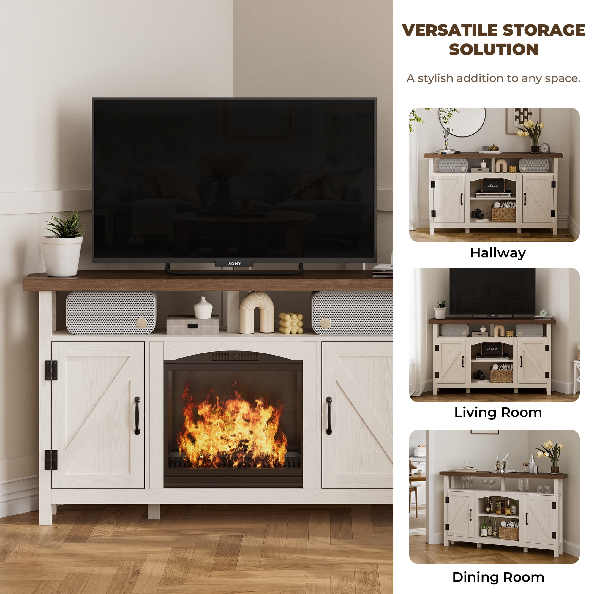 StorageWorks Farmhouse Corner TV Stand for TVs up to 60", Entertainment Center with Sliding Barn Doors and Storage Cabinets, Oak White
