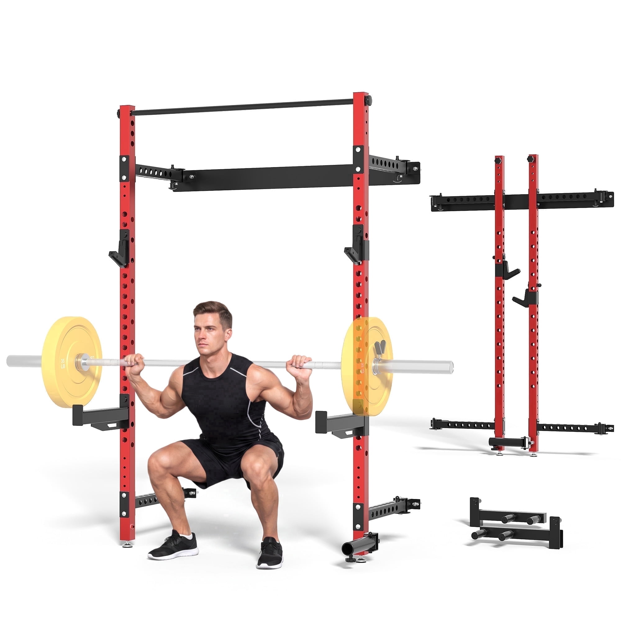 MITONOS Wall Mount Foldable Squat Rack, Space-Saving Training Station for Home Gym, Heavy-Duty Steel Half-Rack with Pull-Up Bar & 360° Landmine