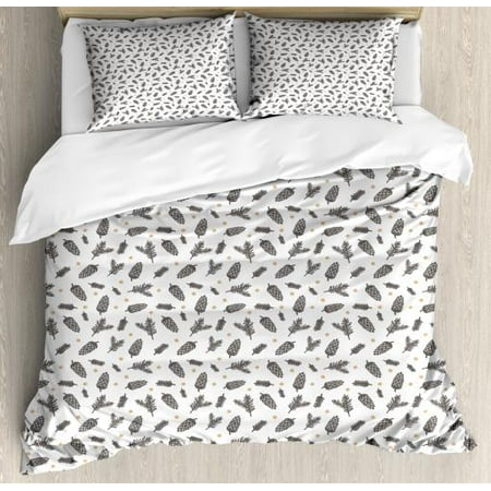 Pine Cone Bedding Collection Earth Tones King Size Duvet Cover Set, Christmas Winter Theme with Pine Cones Snowflakes Spruce Tree, Decorative 3 Piece Bedding Set with 2 Pillow Shams, Charcoal Grey Beige White, by Ambesonne ()