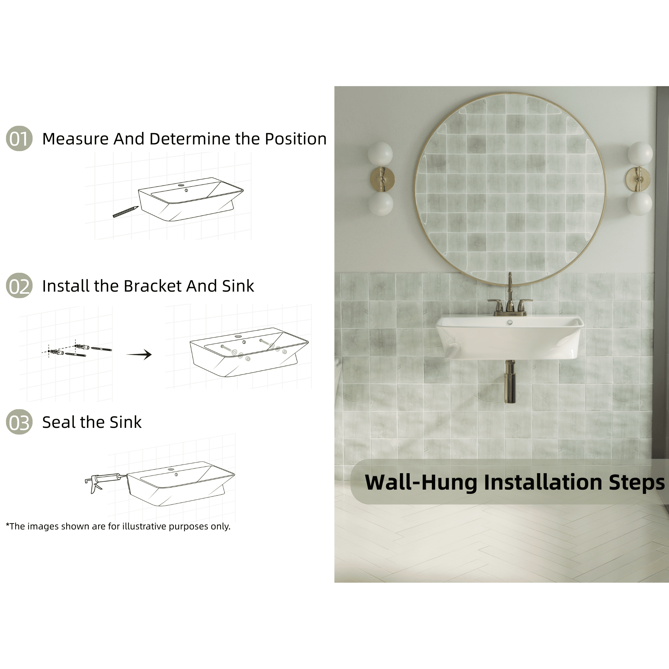 Los Flexi 24" x 17" White Ceramic Wall-Mount Bathroom Sink with Rear Overflow, 3 Pre-Drilled Holes, Widespread Faucet Compatible for Small Spaces
