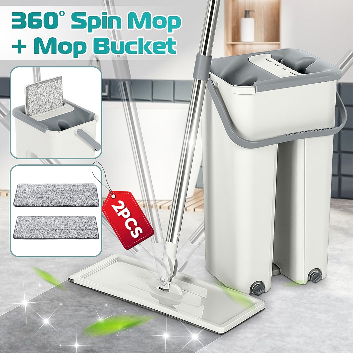 360° Flat Squeeze Automatic  Bucket Microfiber Hands free Floor Cleaning 