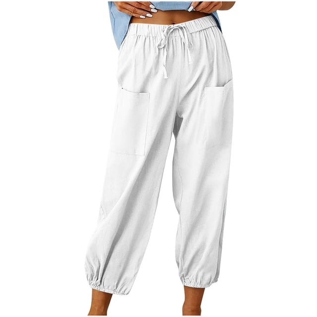 VEKDONE Womens Cotton Linen Long Pants White L