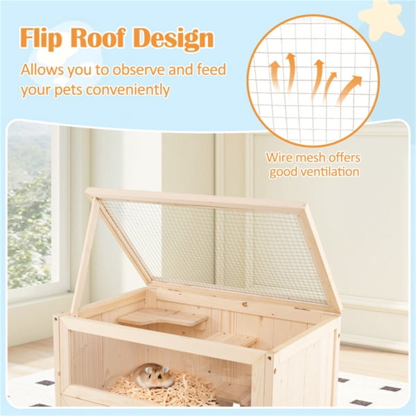 31.5 " Fir Wood Hamster Cage with Flip Mesh Roof, Multi-Level Activity Areas & Bottom Storage Shelf