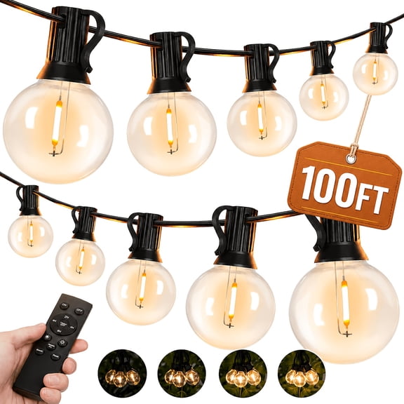100FT IP65 Waterproof LED Outdoor String Lights With Remote Control & Timmer, - ETL Listed, Shatterproof G40 Bulbs