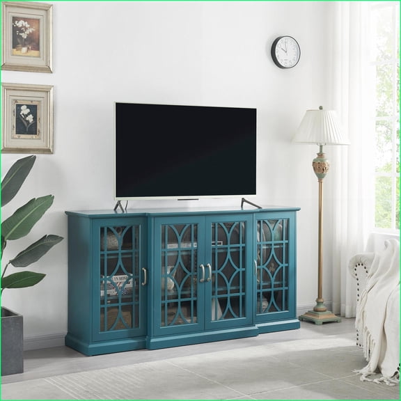 Sideboard Buffet Teal Blue Modern Storage Cabinet | 63” TV Stand | MDF Glass