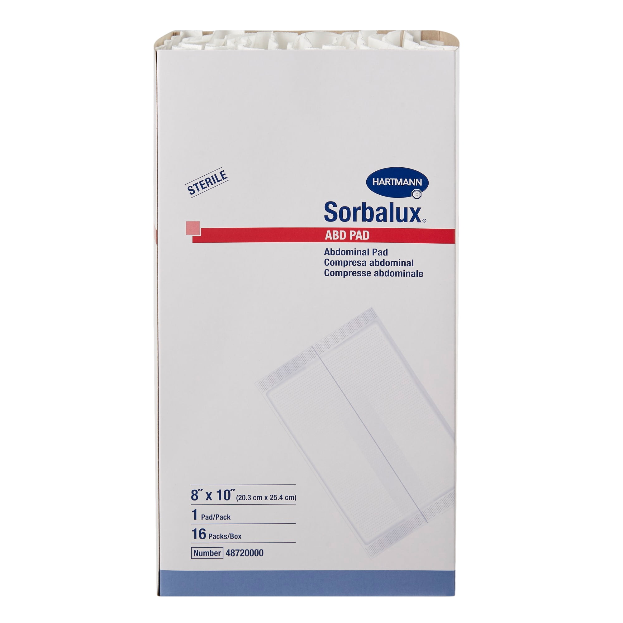 Sorbalux ABD Pad, Sterile, 1-Ply Abdominal Pad, 8 in x 10 in, 16 Count, 20 Packs, 320 Total