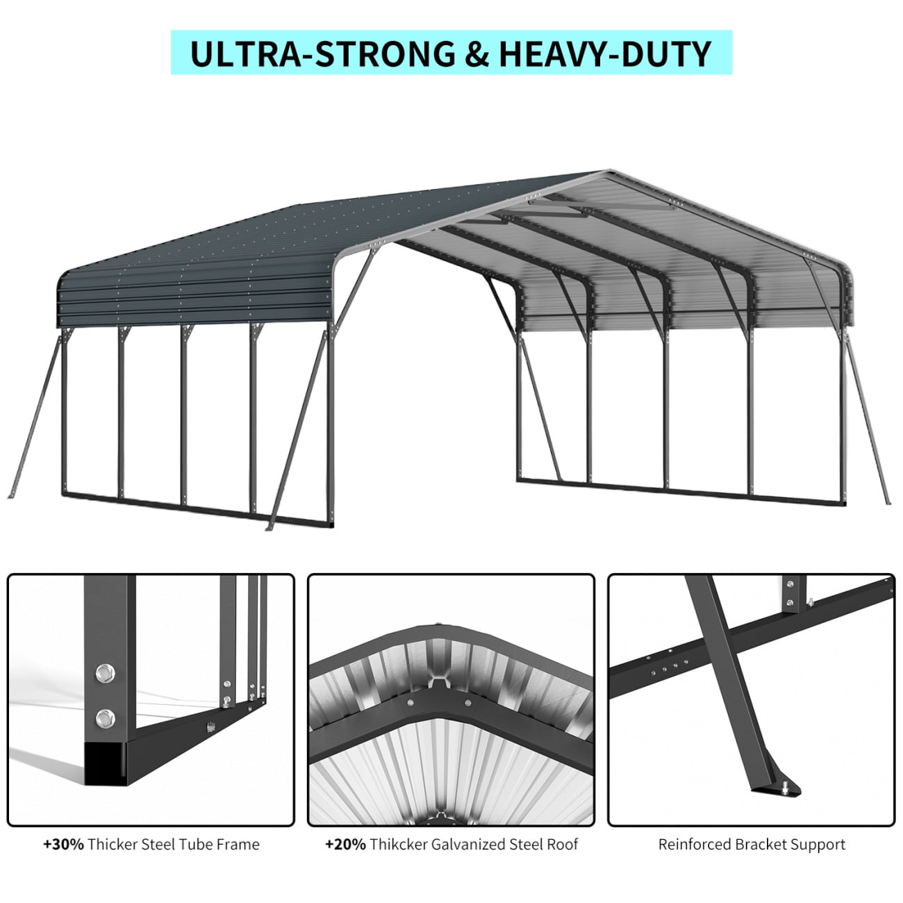 20x20FT Heavy-Duty Metal Carport with Galvanized Steel Roof – Weatherproof Shelter for Cars, Trucks & Boats, Wind and Snow Resistant, Reinforced Steel Frame