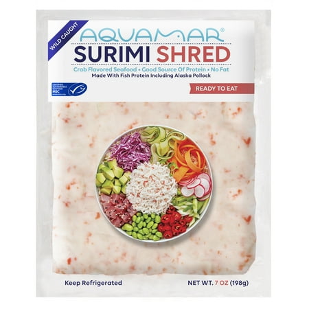 Aquamar, Surimi, Shred Style Fresh Imitation Crab, 1- 7 oz Medium, Plastic Bag. Contain 5gr of protein per serving.