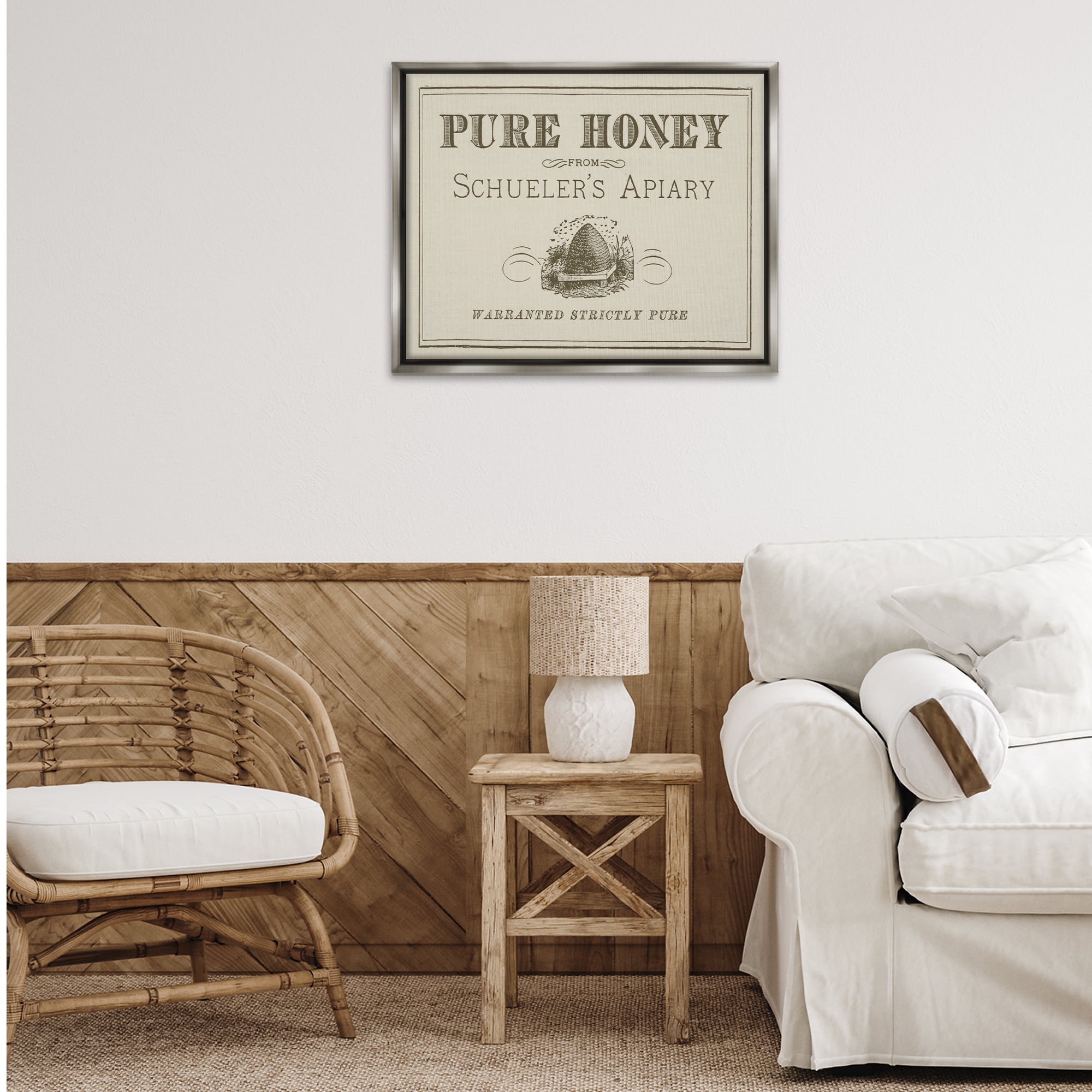 Stupell Industries Vintage Pure Honey Food & Beverage Painting Gray Floater Framed Canvas Art Print Wall Art, 31 x 25
