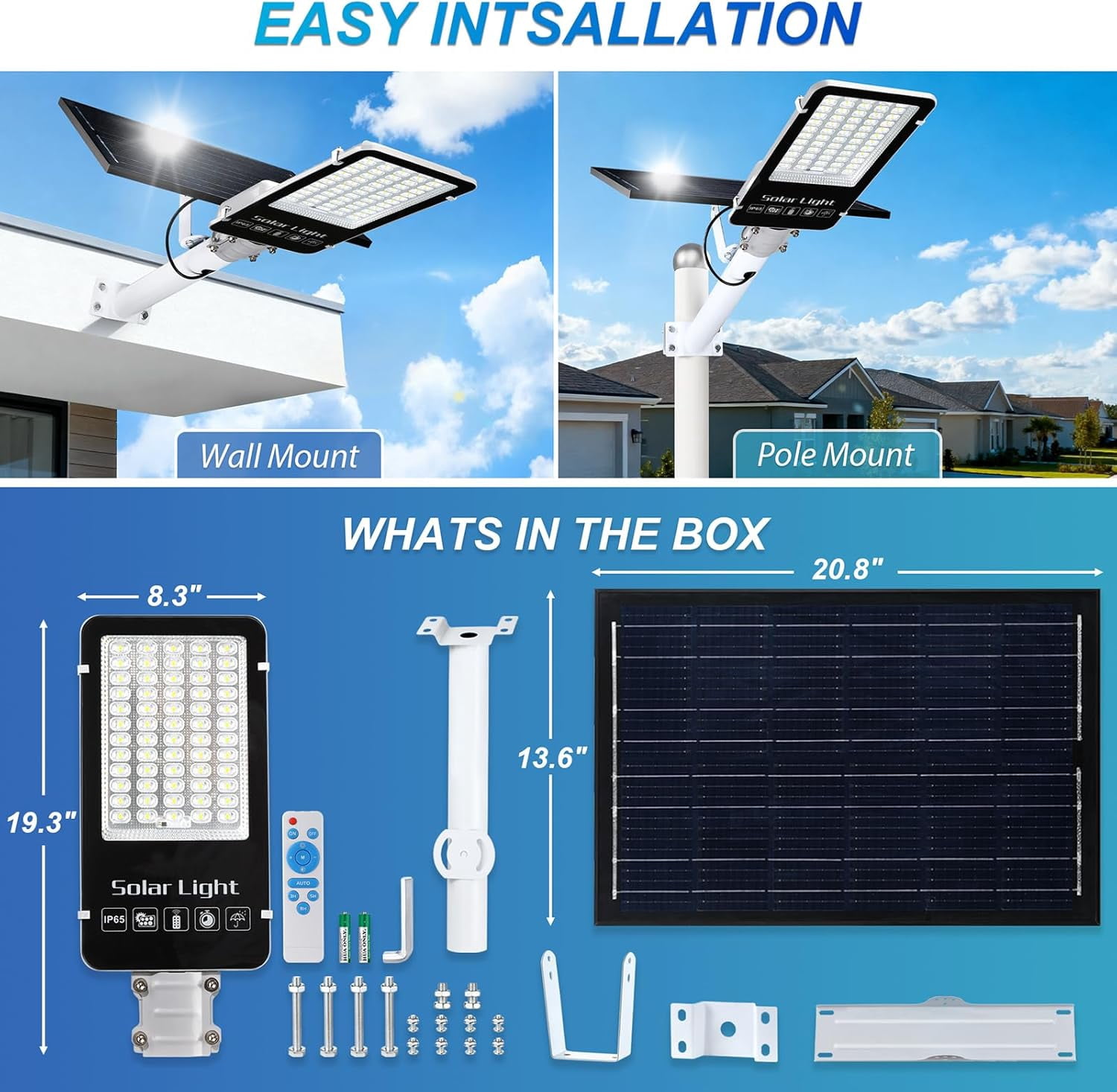 2 Pack 12000W Solar Street Lights Outdoor,6500K Solar Parking Lot Light Commercial Dusk to Dawn, Heavy Duty Split Type Solar Lights Outdoor Waterproof IP66 Remote Control, Street Light for Yard