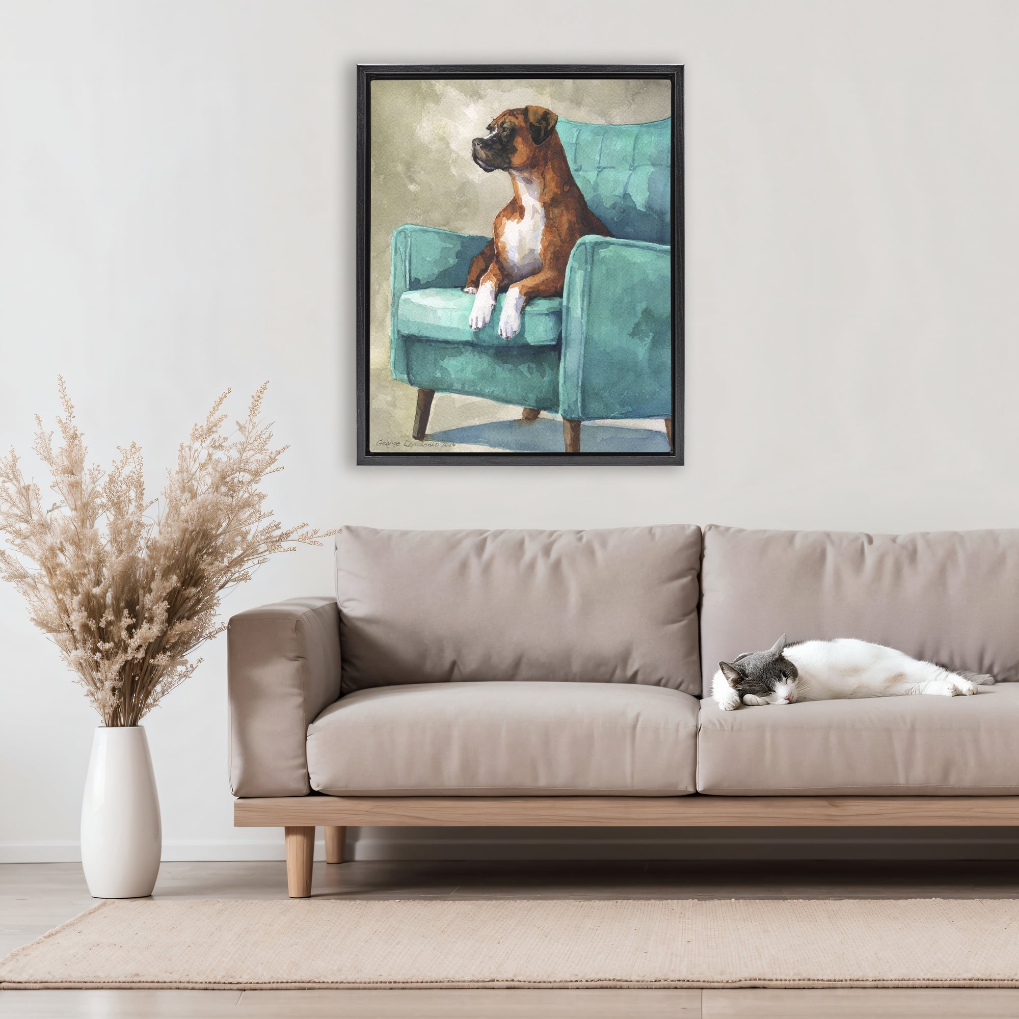 Stupell Industries Majesty Boxer on Armchair Black Framed Floater Canvas Wall Art, design by George Dyachenko
