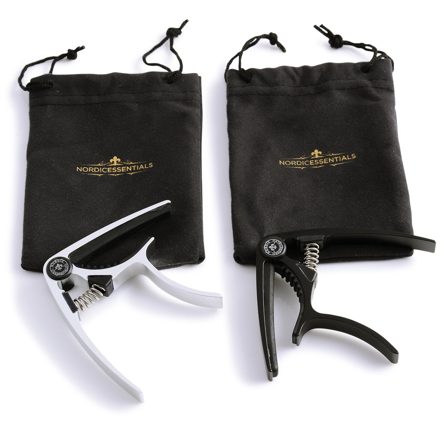 Nordic Essentials Guitar Capo 2-Pack for Acoustic Guitar, Ukulele, Banjo, Mandolin, Bass - Black & Silver