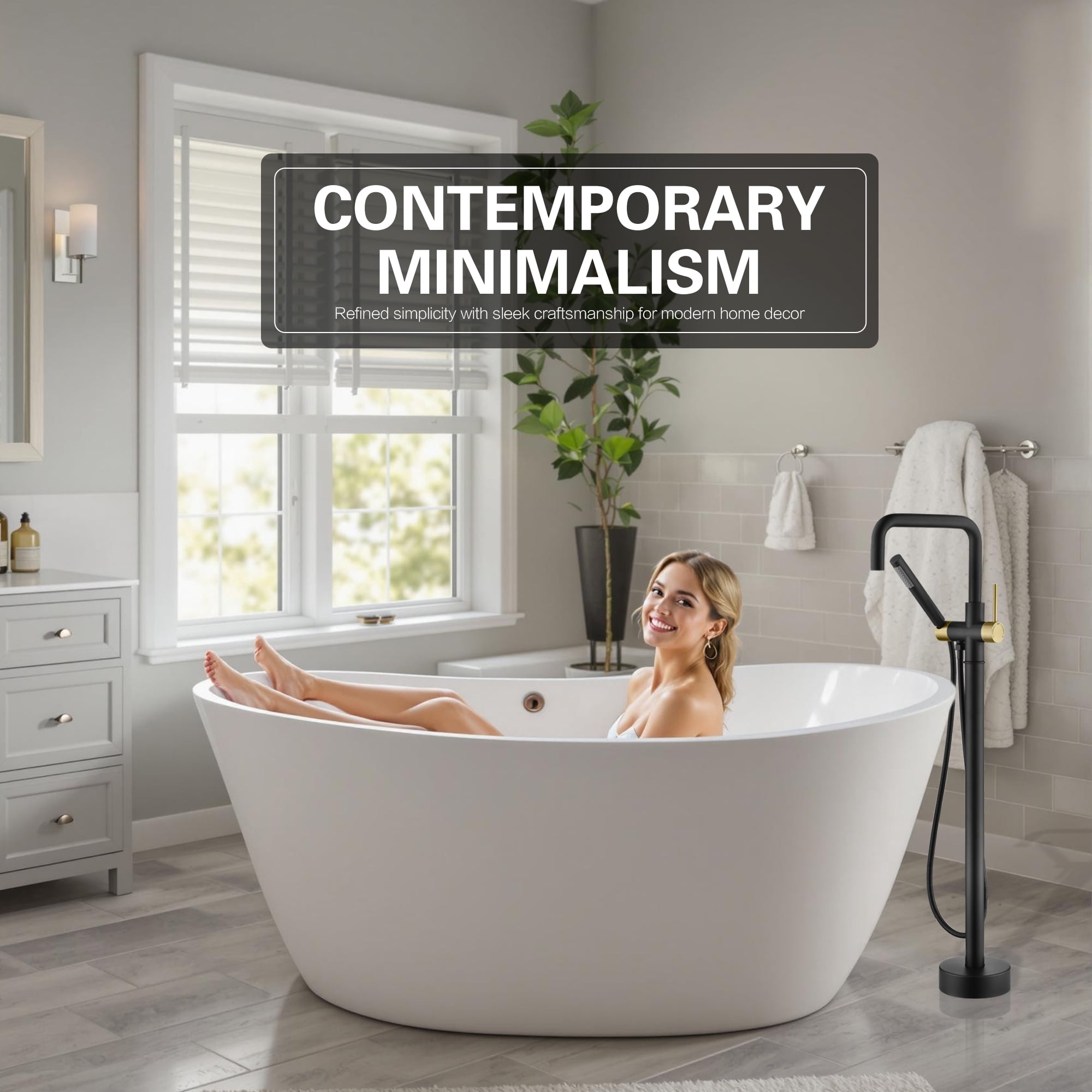 sumerain Floor Mount Tub Filler Faucet with Hand Shower, Brass Black and Gold High Flow Freestanding Bathtub Faucet Single Handle