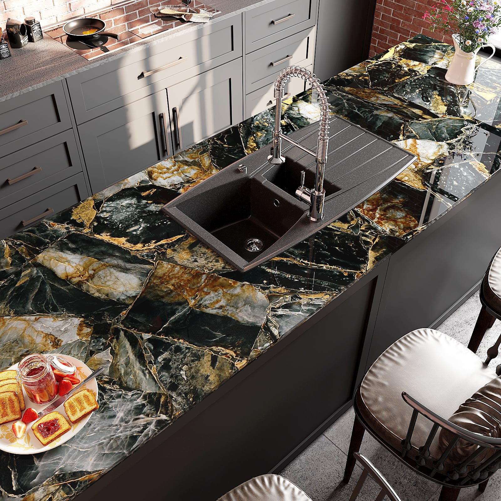 VEELIKE 15.7''x118'' Glossy Slate Gold Marble Peel and Stick Countertops Contact Paper Waterproof Marble Wallpaper for Kitchen Counter Top Self Adhesive Vinyl Wallpaper for Bedroom Shelf Cabinets