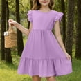 thumbnail image 2 of FAHXNVB Girls Crewneck Long Dress Solid Color Flutter Sleeve Ruffle Hem A-Line Swing Casual Dresses Summer Fashion Princess Dress 3-13 Years, 2 of 7