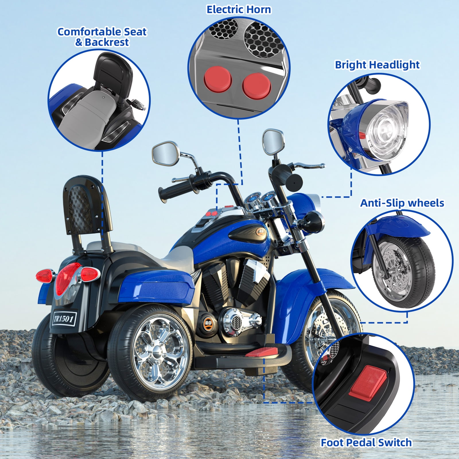 XJD Kids Electric Motorcycle, 6V Battery Powered Ride on Chopper Motorcycle with Horn, Headlights, 3 Wheels Electric Motorcycle for Children, Blue