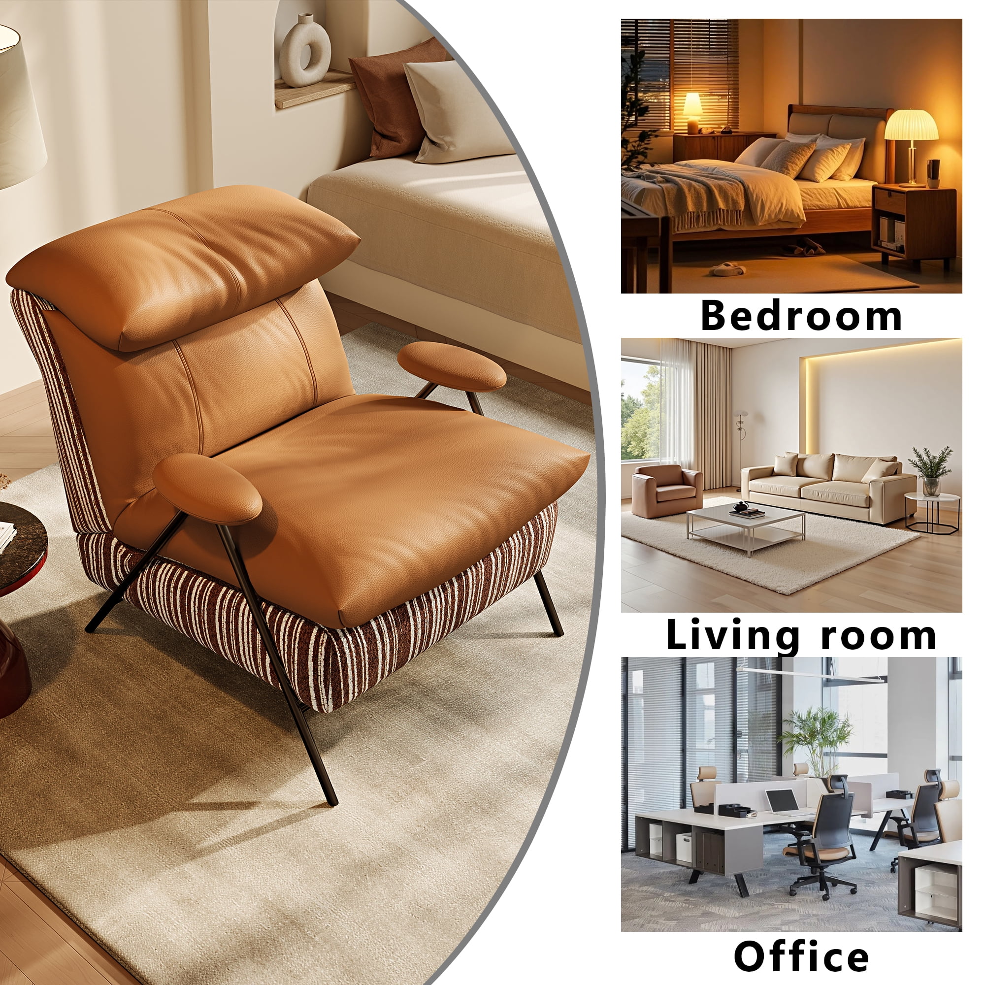 Minimalist Casual Single Chair With Solid Wood Frame, Upholstered In Leather And Chenille Fabric, Fits Balconies, Living Rooms And Bedrooms