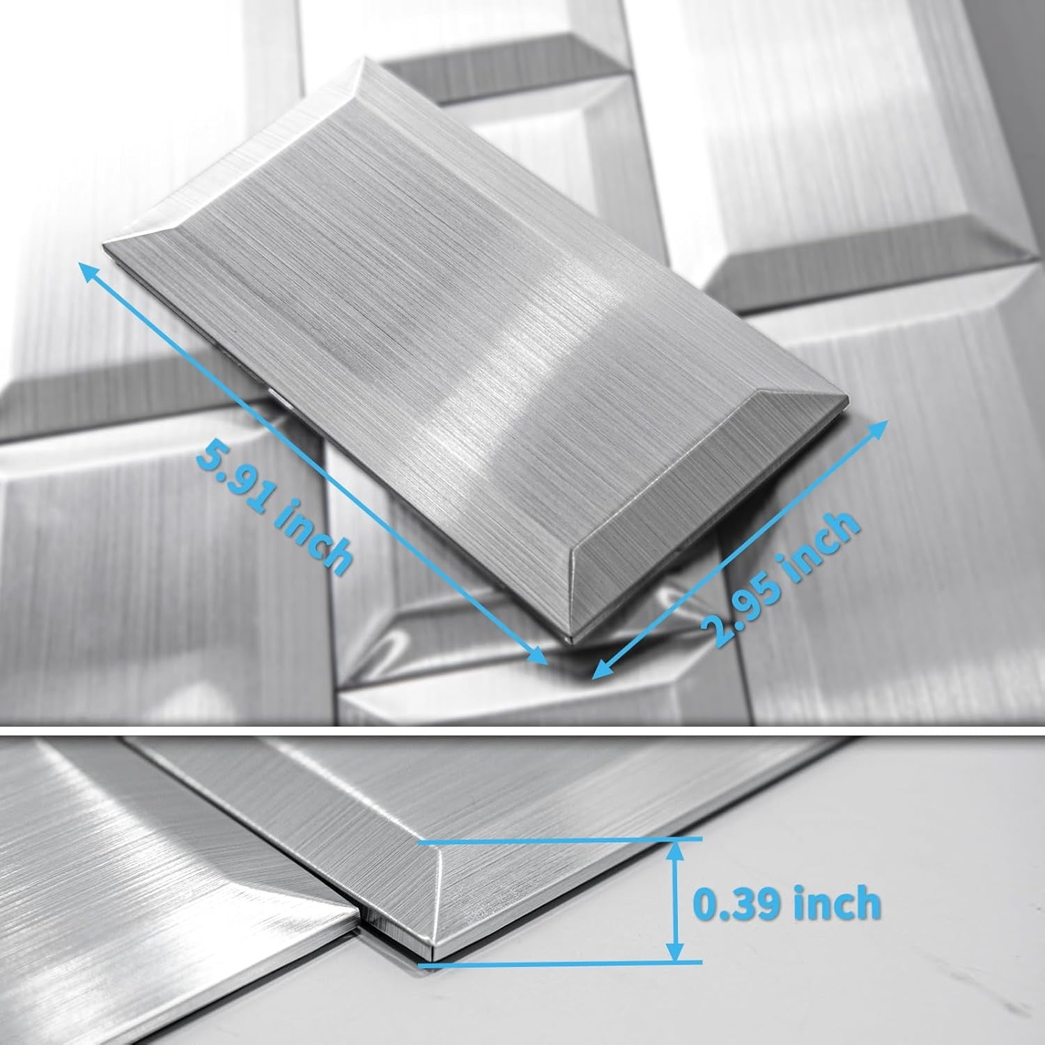 100 Pcs Peel and Stick Backsplash Tiles, 3D Textured Metal Stick On Subway Wall Tiles for Kitchen Back Splashes, Bathroom, Laundry Room, 3 x 6 Inch, Stainless
