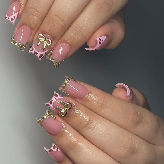 24Pcs French Tip Press On Nail Short With 3D Bows Flower Design For Women