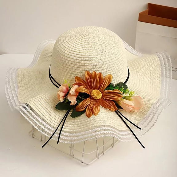 Bxsruta Women's Straw Wide Brim Sun Hat with Sunflower Print for Beach Travel