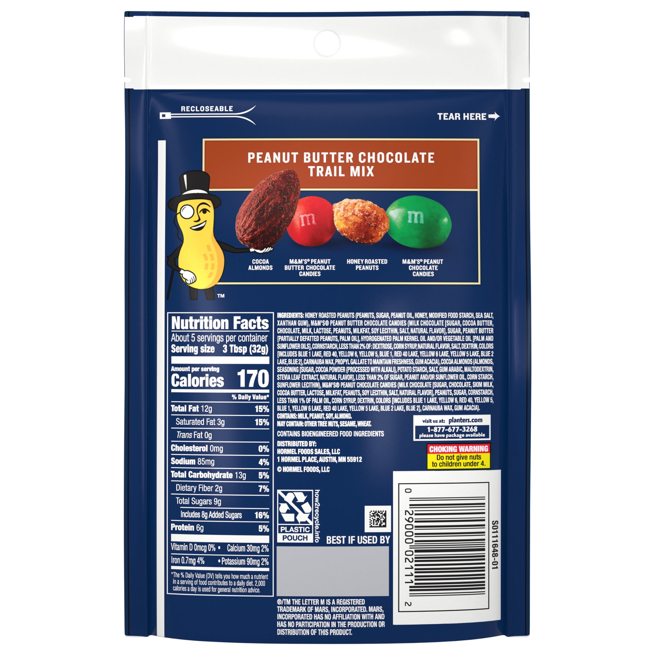PLANTERS Peanut Butter Chocolate Trail Mix with Honey Roasted Peanuts, Peanut Butter M&M'S Chocolate Candies, Peanut M&M'S Peanut Chocolate Candies and Cocoa Almonds, 6 oz Bag