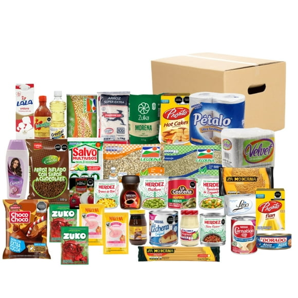 Despensa Empresarial Completa en caja con 35 productos.