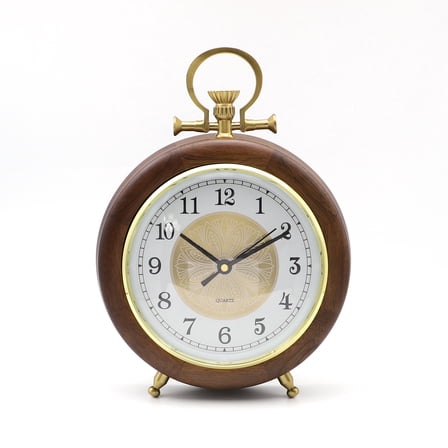 Vintage Retro Table Clock, 11.8 Inch Silent Non-Ticking Wooden Desk Clock with Brass Finish, European Classic Decorative Mantel Clock, Battery Operated Clock for Living Room, Office, Gift,Circular