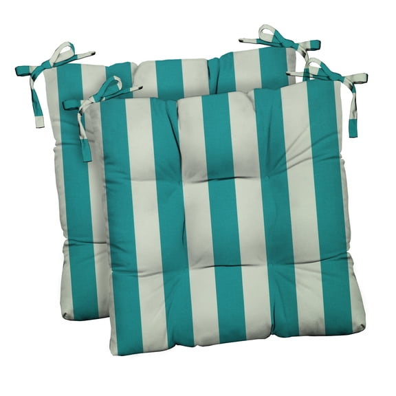 RSH Décor Indoor Outdoor Set of 2 Tufted Dining Chair Seat Cushions, 17" x 17" x 2", Cancun & White Stripe