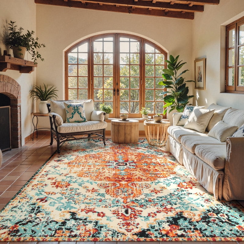 Wonnitar 9'x12' Area Rug for Living Room Boho Large Washable Rug for Bedroom Aesthetic Vintage Soft Non-Slip Non-Shedding Printed Indoor Carpet for Dining Room Nursery Kids Playroom, Orange